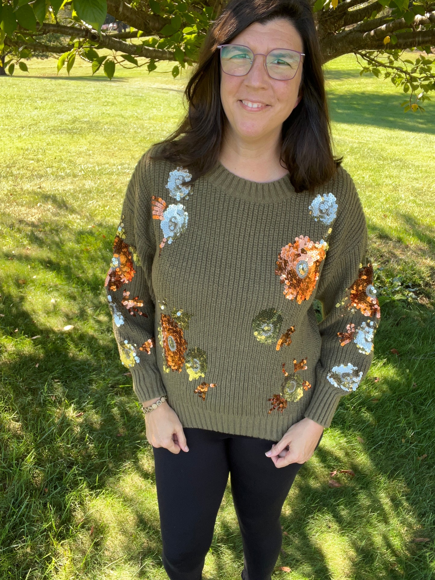 Bibi Floral Sequins Olive Sweater