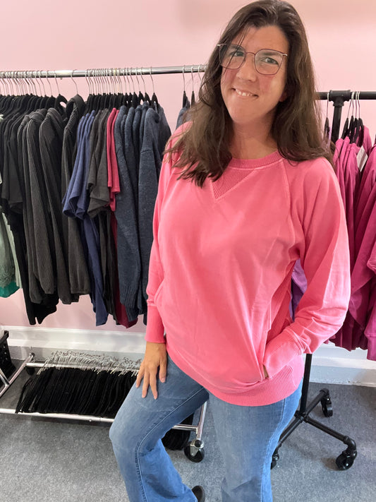 Zenana French Terry Pink Pullover Sweatshirt