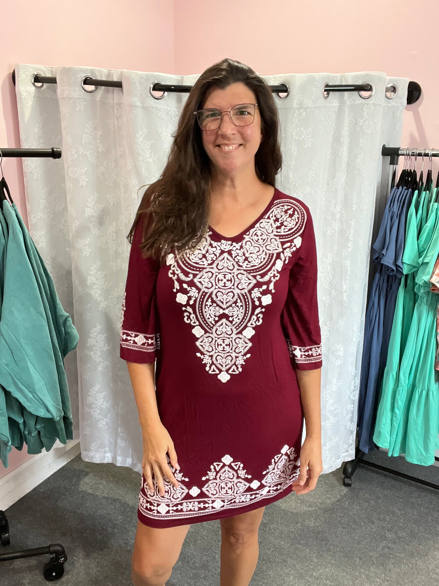 Burgundy Damask 3/4 Sleeve Dress w/ POCKETS In Stock
