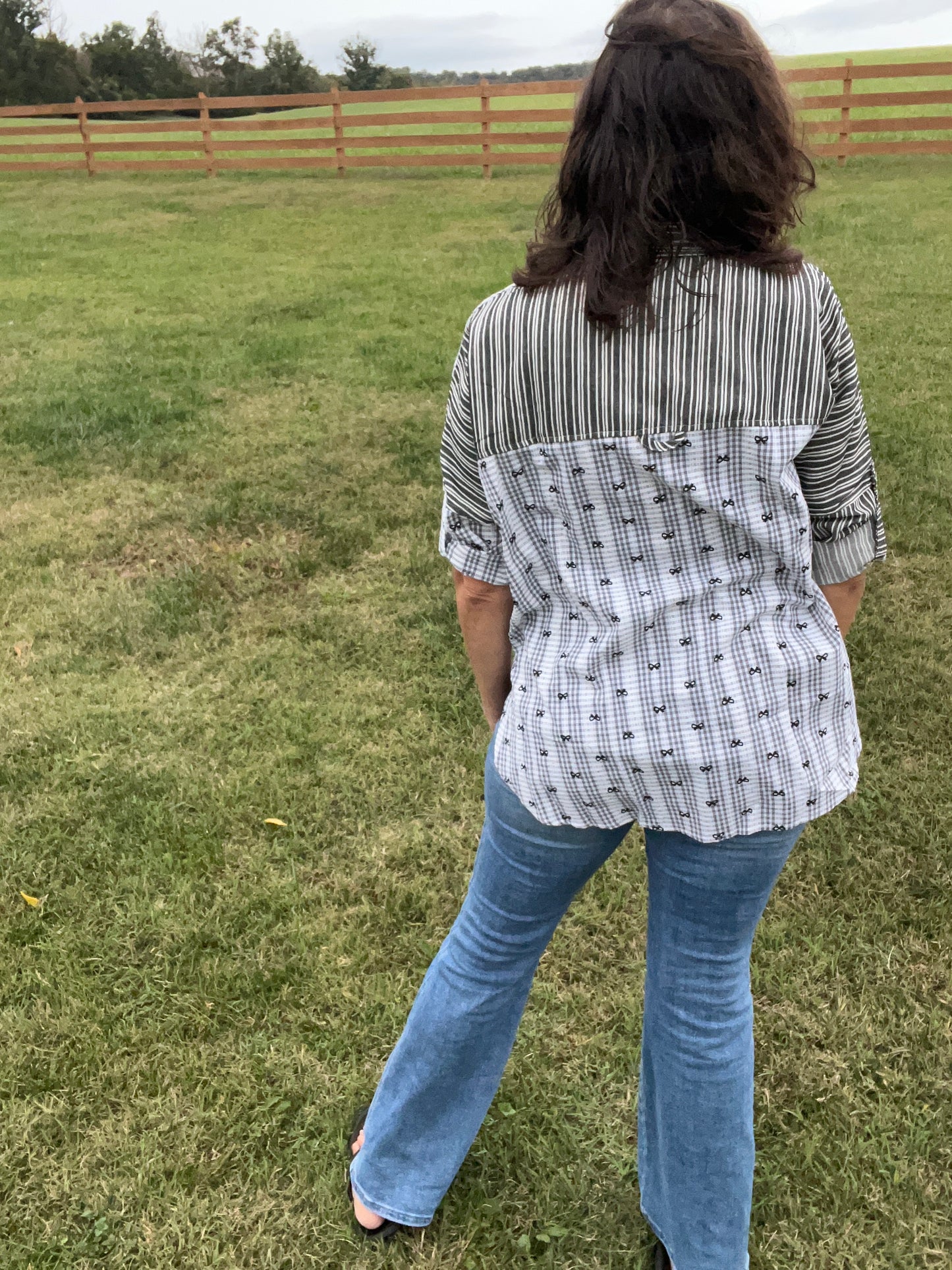 Cotton Blend Button Front Top - Mix of Bows, Lace, & Stripes