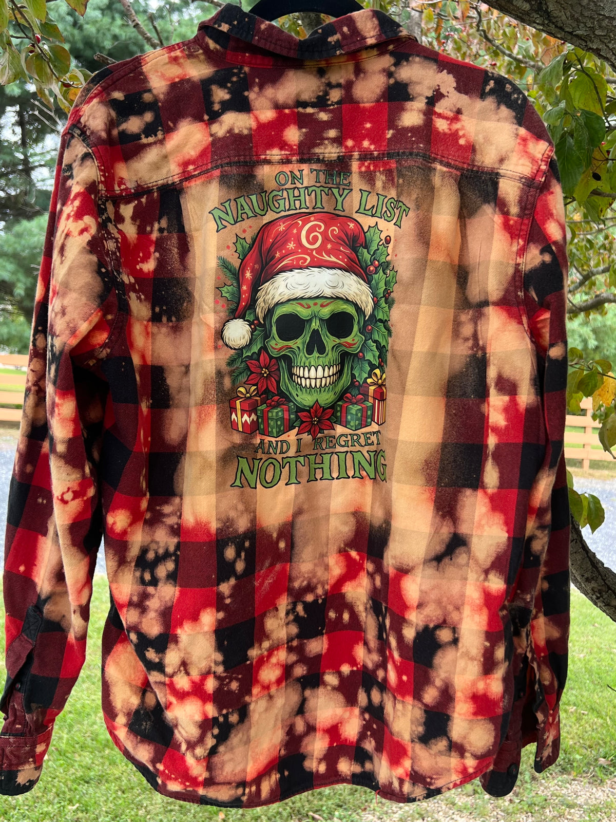 Upcycled Flannel -  Naughty List Santa Skull Bleach Art - Men’s Large