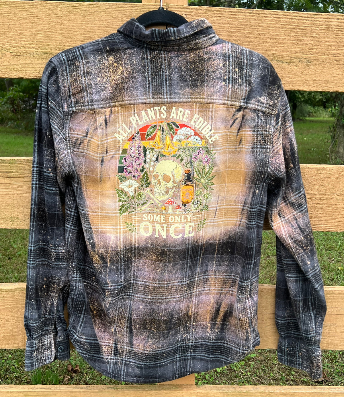 Upcycled Flannel - All Plants Are Edible Some Only Once Bleach Art - Men’s Medium