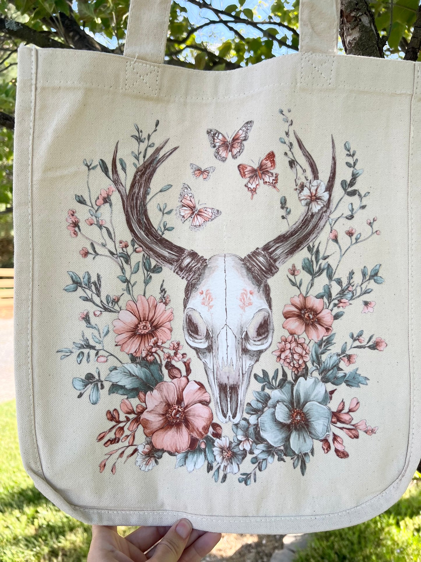 Customized Canvas Tote - Boho Floral Bull Skull Design