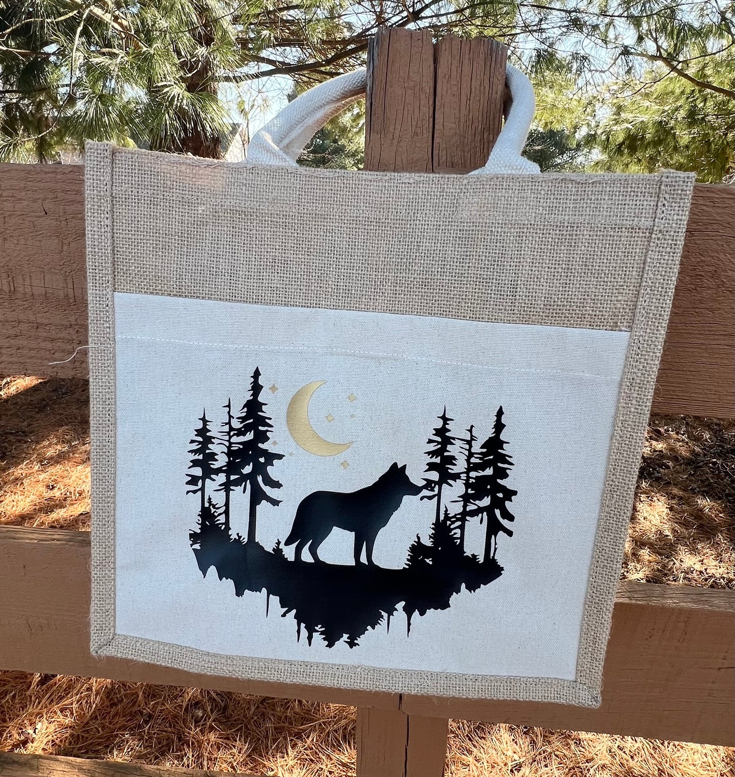 Wolf Lovers Jute & Canvas Tote
