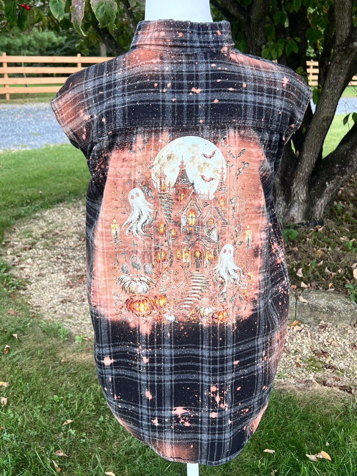 Upcycled Flannel -  Spooky Haunted House Bleach Art