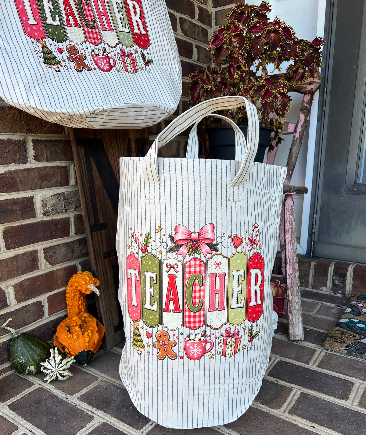 Teacher Pinstripe Large Tote