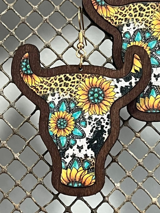 Wooden Sunflower Cow Earrings