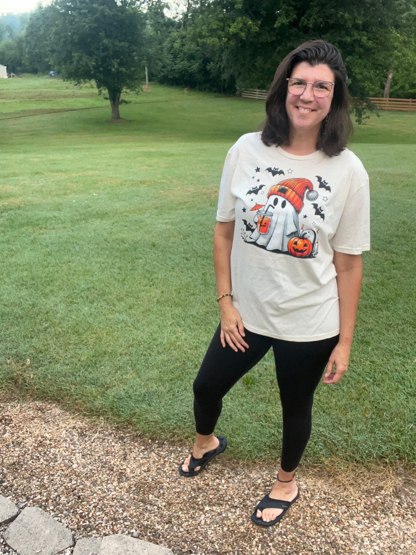 Coffee Drinking Halloween Ghost Handmade T-Shirt