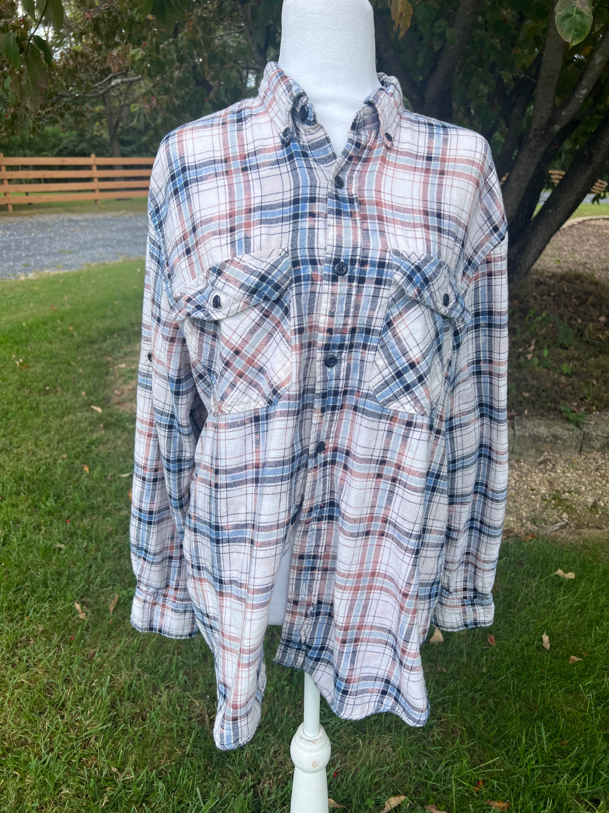 Upcycled Flannel - All Cozy Fall Floral Bleach Art - Men’s Small