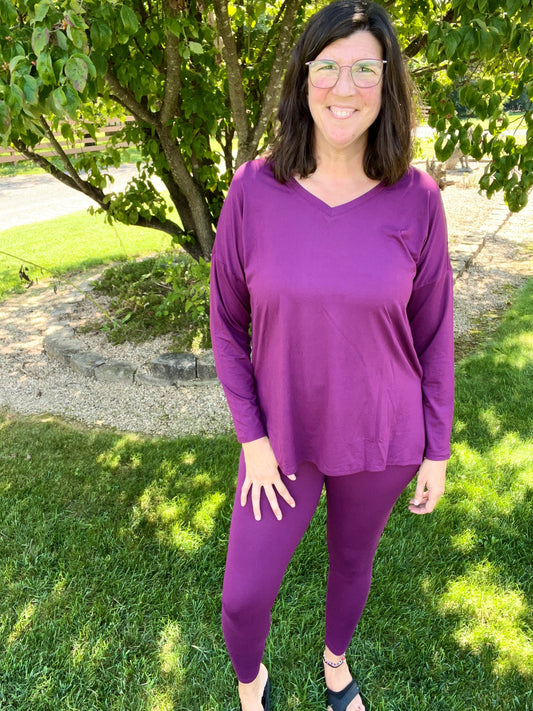 Zenana Plum Purple Long Sleeve Top & Legging Set - Super Soft Microfiber