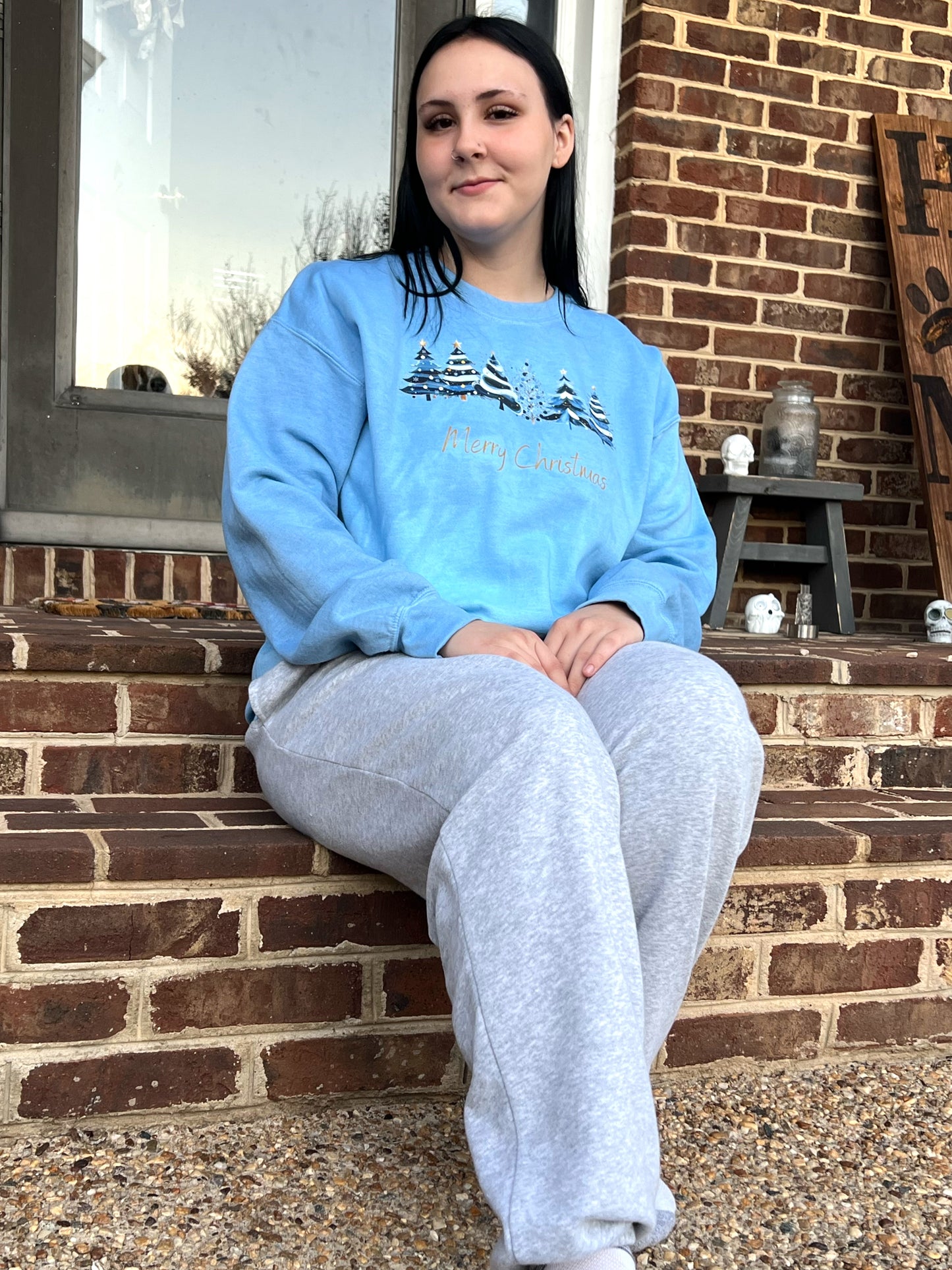 Christmas Sweatshirt- Hand Dyed - Merry Christmas w/ Blue Trees
