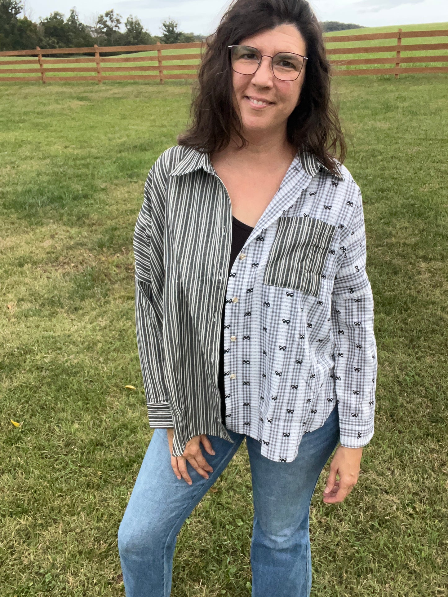 Cotton Blend Button Front Top - Mix of Bows, Lace, & Stripes