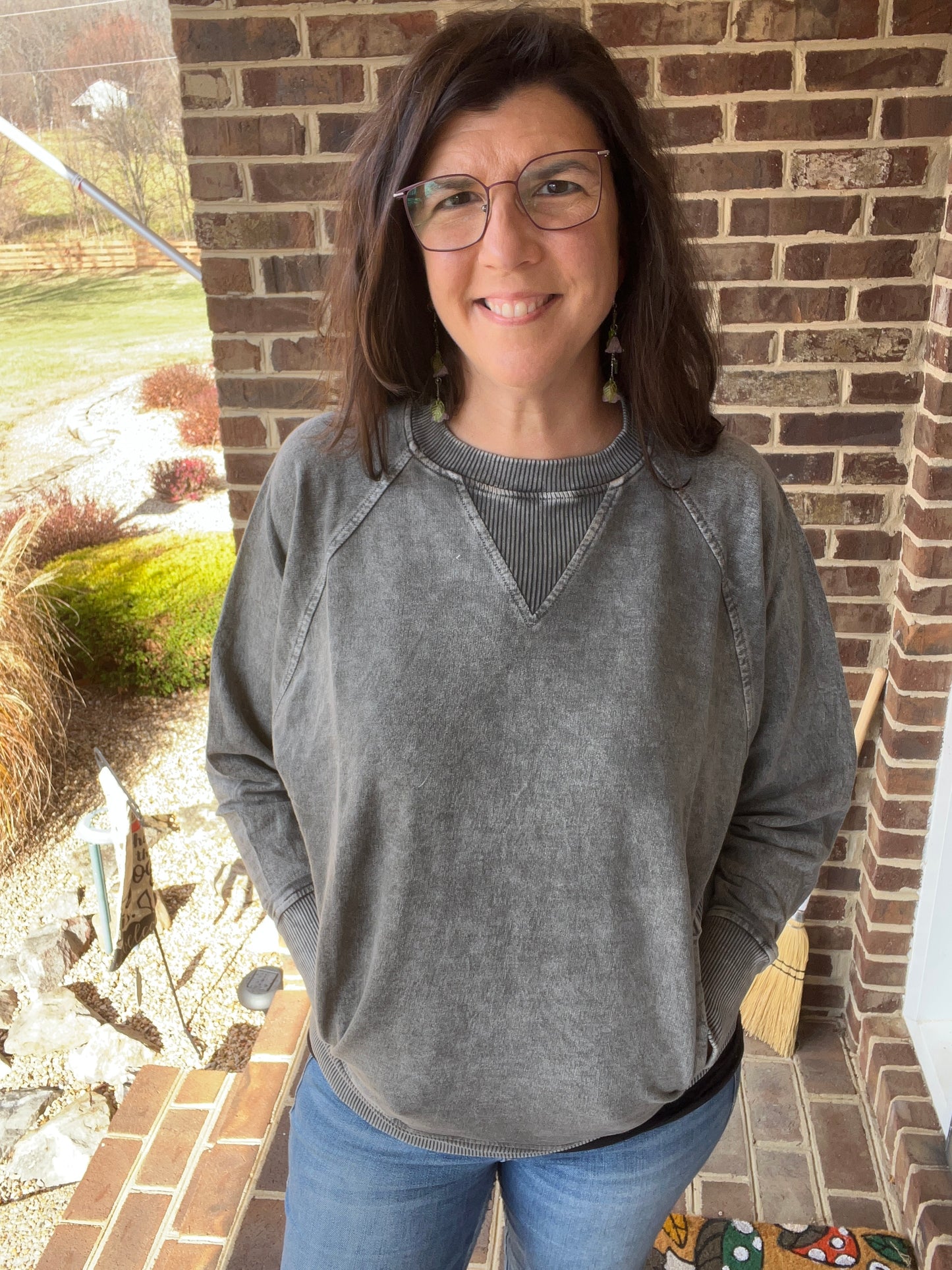 Zenana French Black/Grey Acid Wash Sweatshirt w/ POCKETS