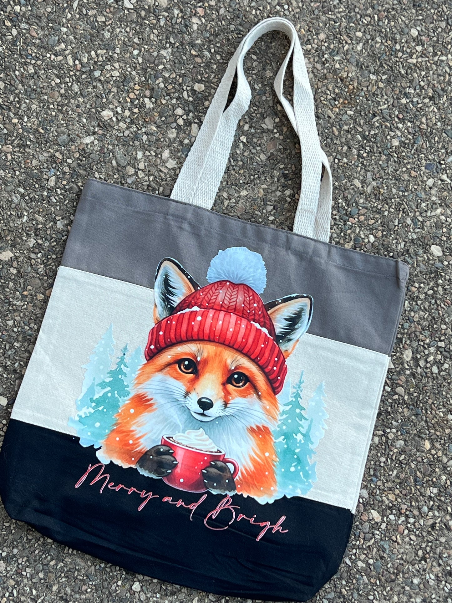 Merry & Bright Winter Fox Color Block Canvas Tote Bag