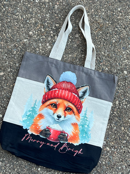 Merry & Bright Winter Fox Color Block Canvas Tote Bag