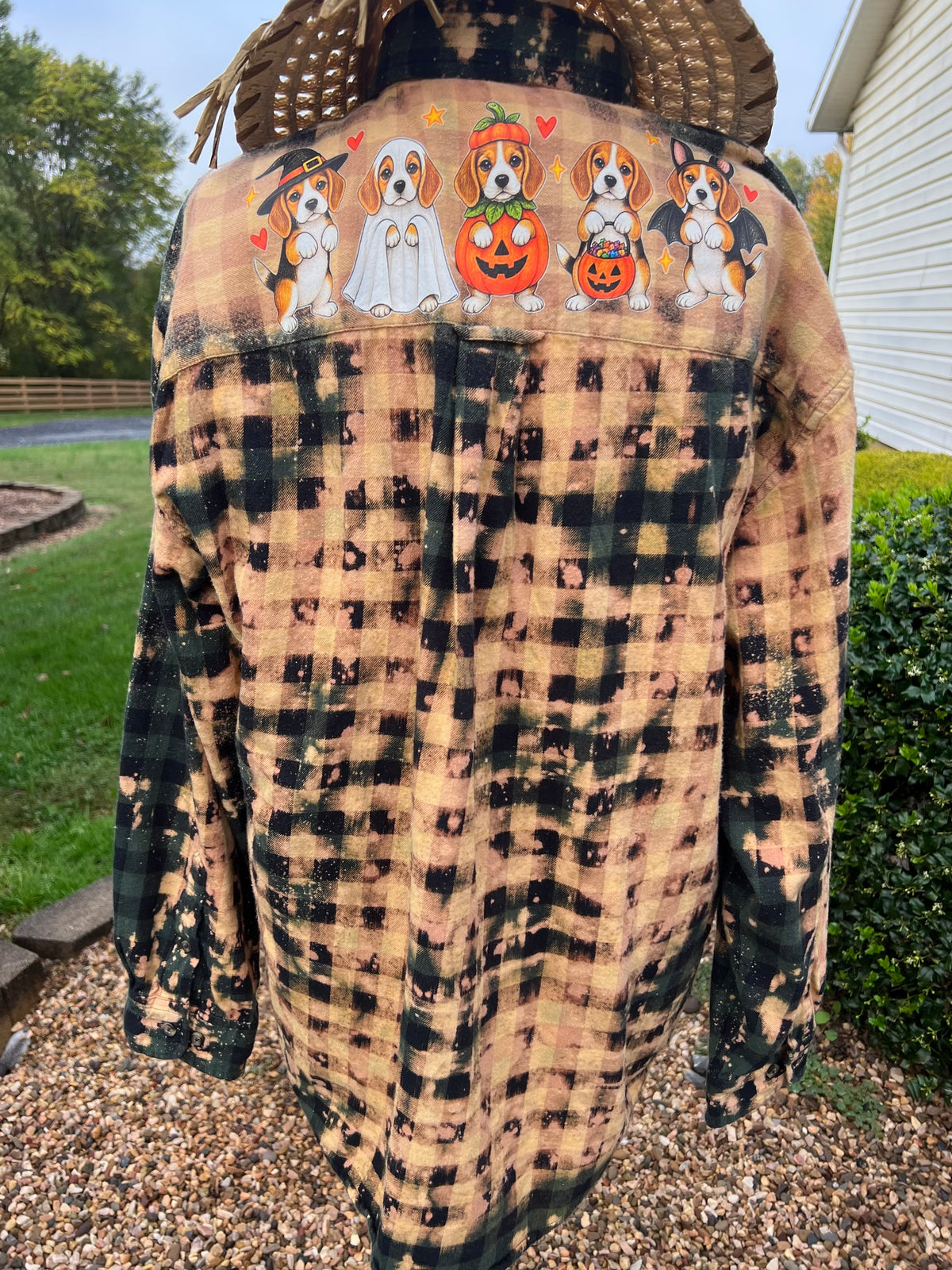 Beagle Lovers Trick or Treating Halloween Upcycled Bleach Art Flannel - Mens Large Unisex