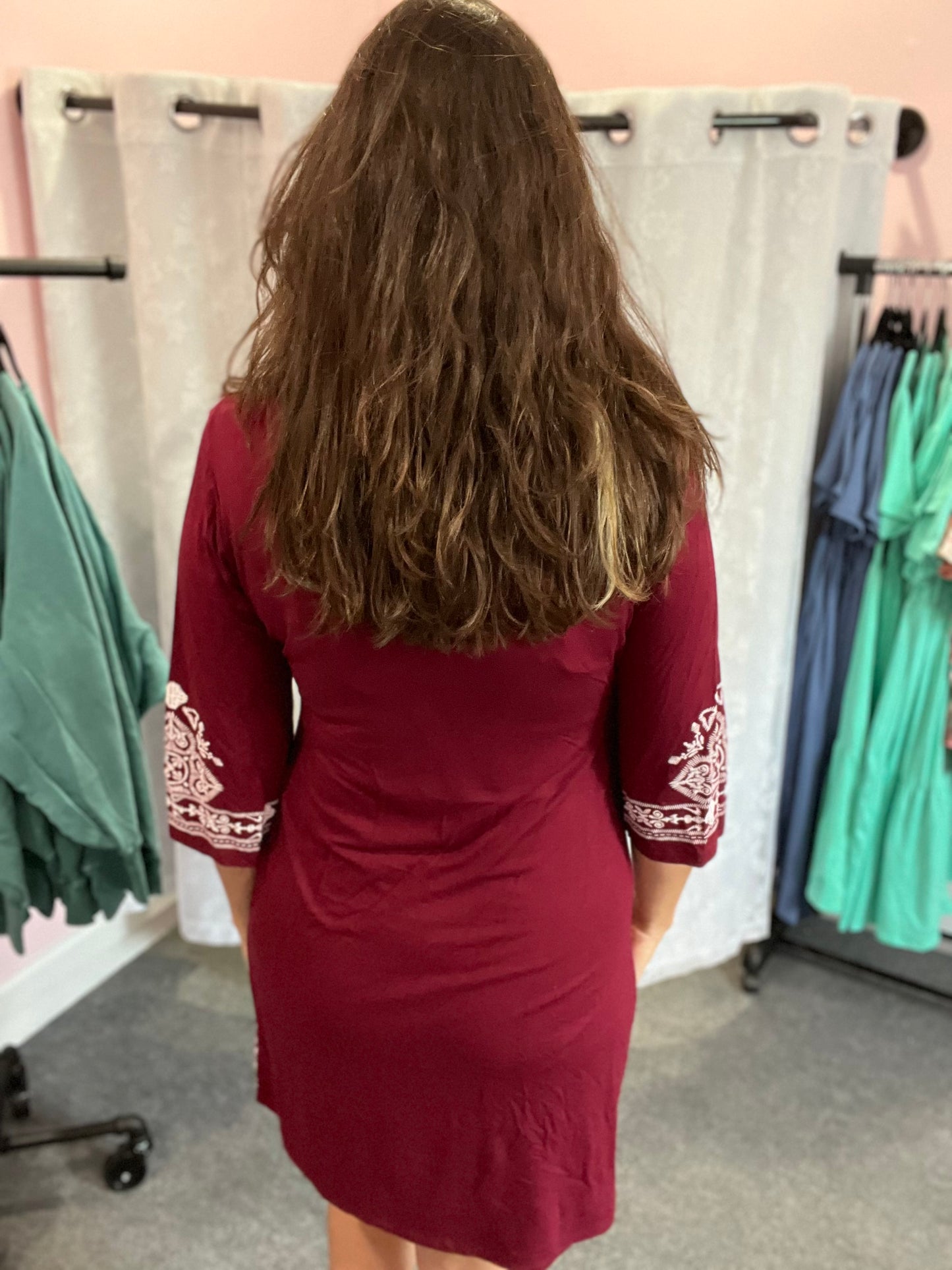 Burgundy Damask 3/4 Sleeve Dress w/ POCKETS In Stock