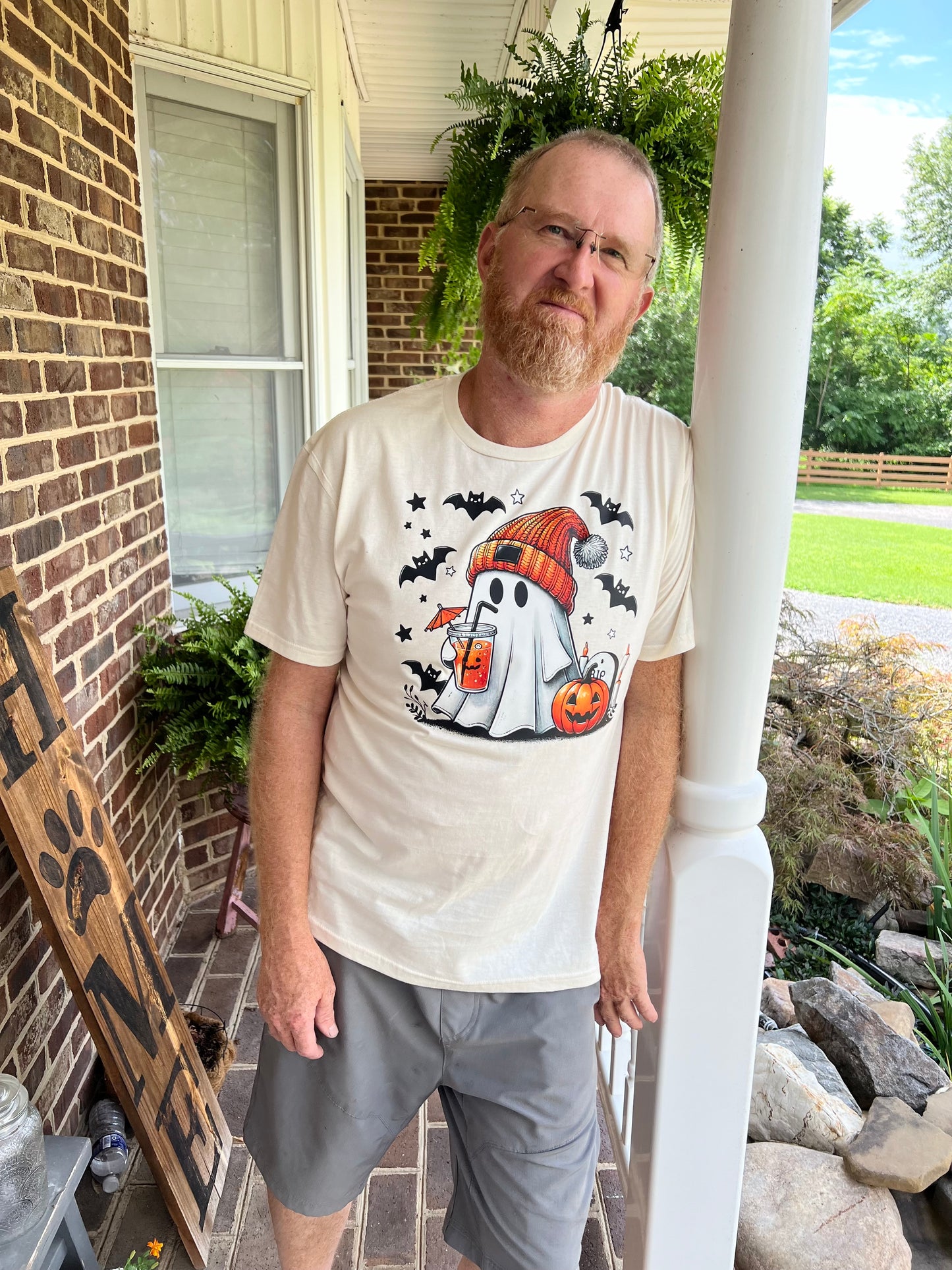 Coffee Drinking Halloween Ghost Handmade T-Shirt
