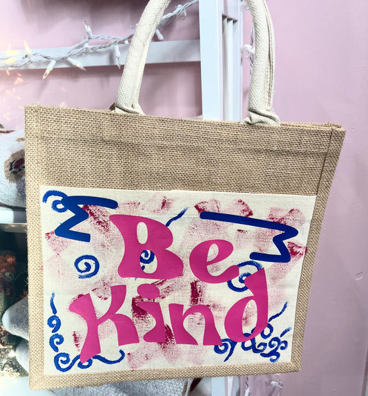 Be Kind Vinyl & Hand Painted Jute & Canvas Tote Bag