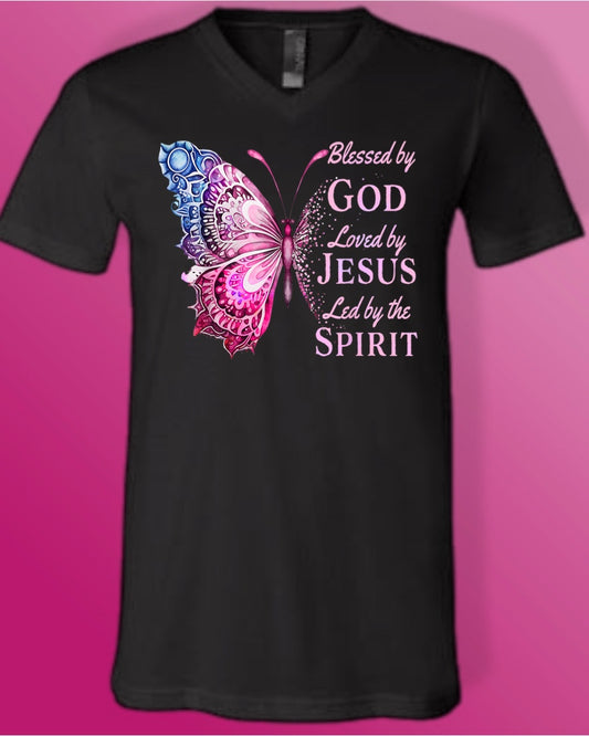 Butterfly V-Neck Blessed By God T-Shirt