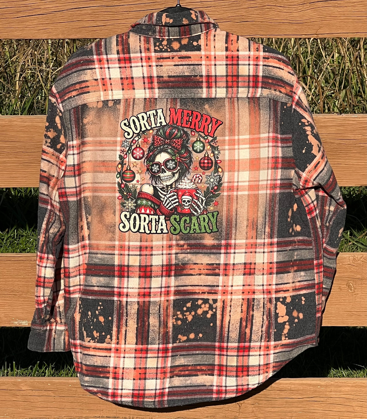 Sorta Merry Sorta ScaryUpcycled Bleach Art Flannel - Mens Large Unisex