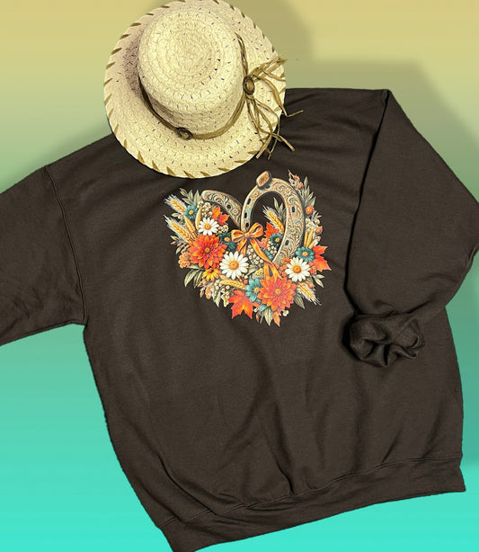 Horse Lovers Floral Rustic Horseshoe Sweatshirt - Large