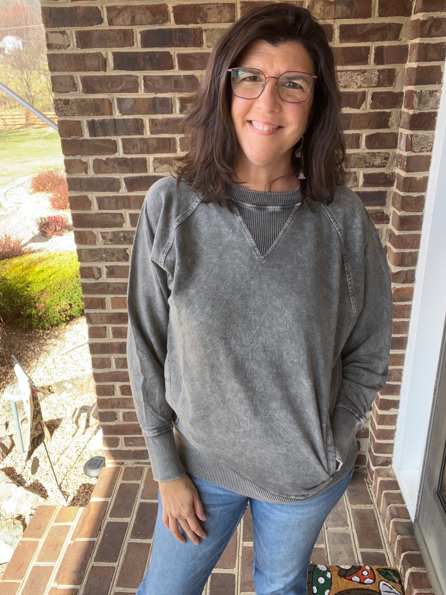 Zenana French Black/Grey Acid Wash Sweatshirt w/ POCKETS