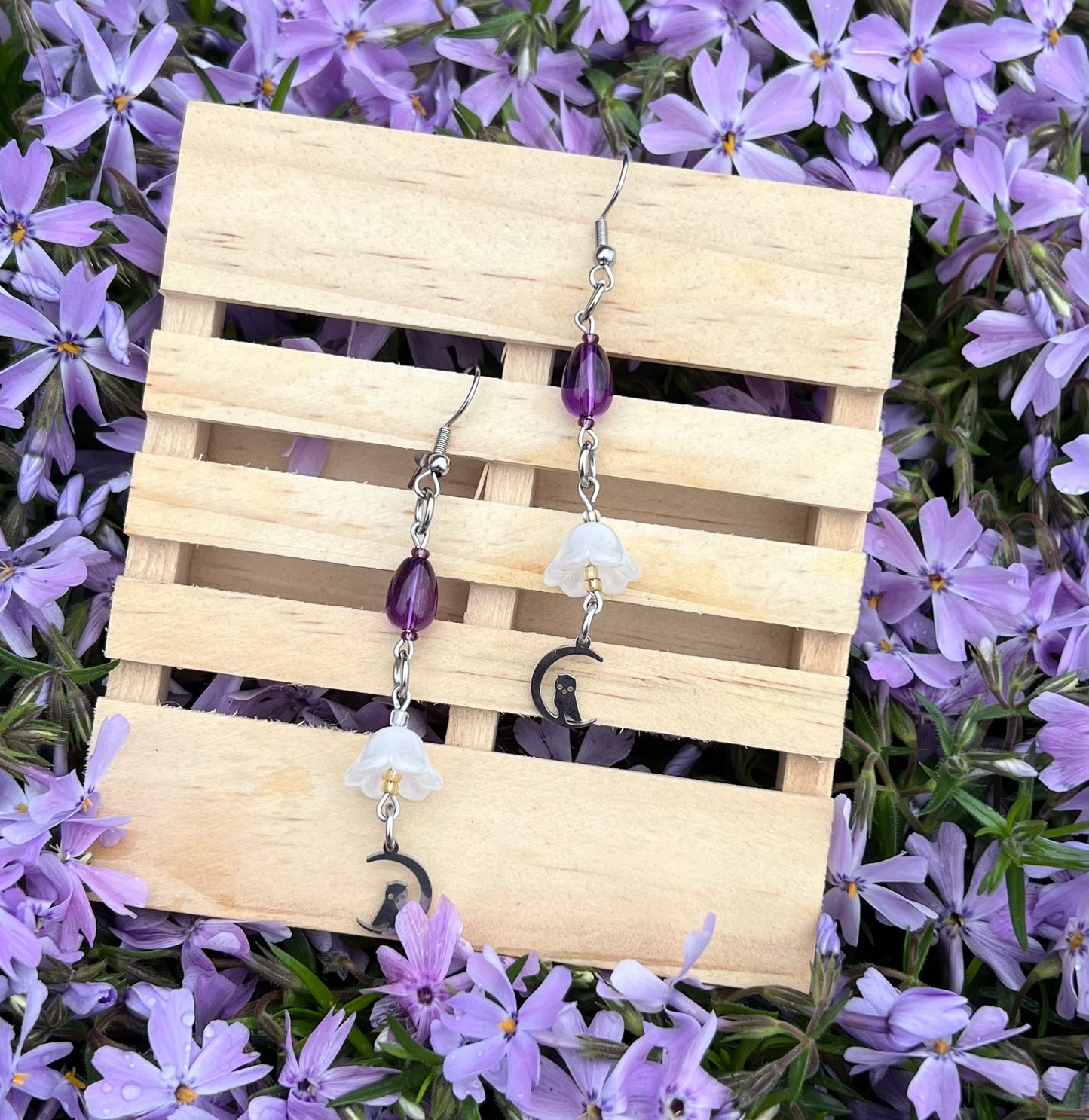 Handmade Earrings White Flowers & Owls