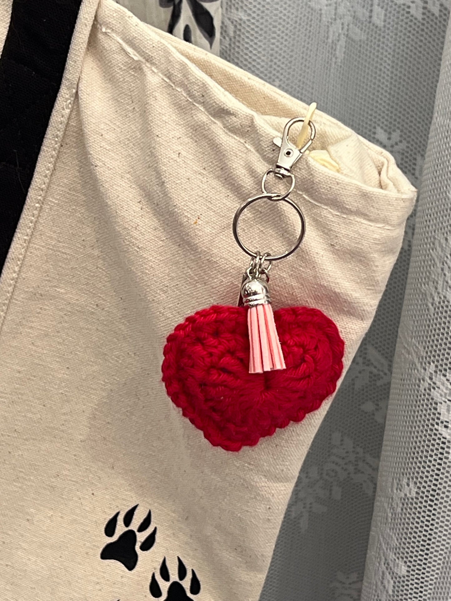 Red Cotton Crochet Heart Keychain