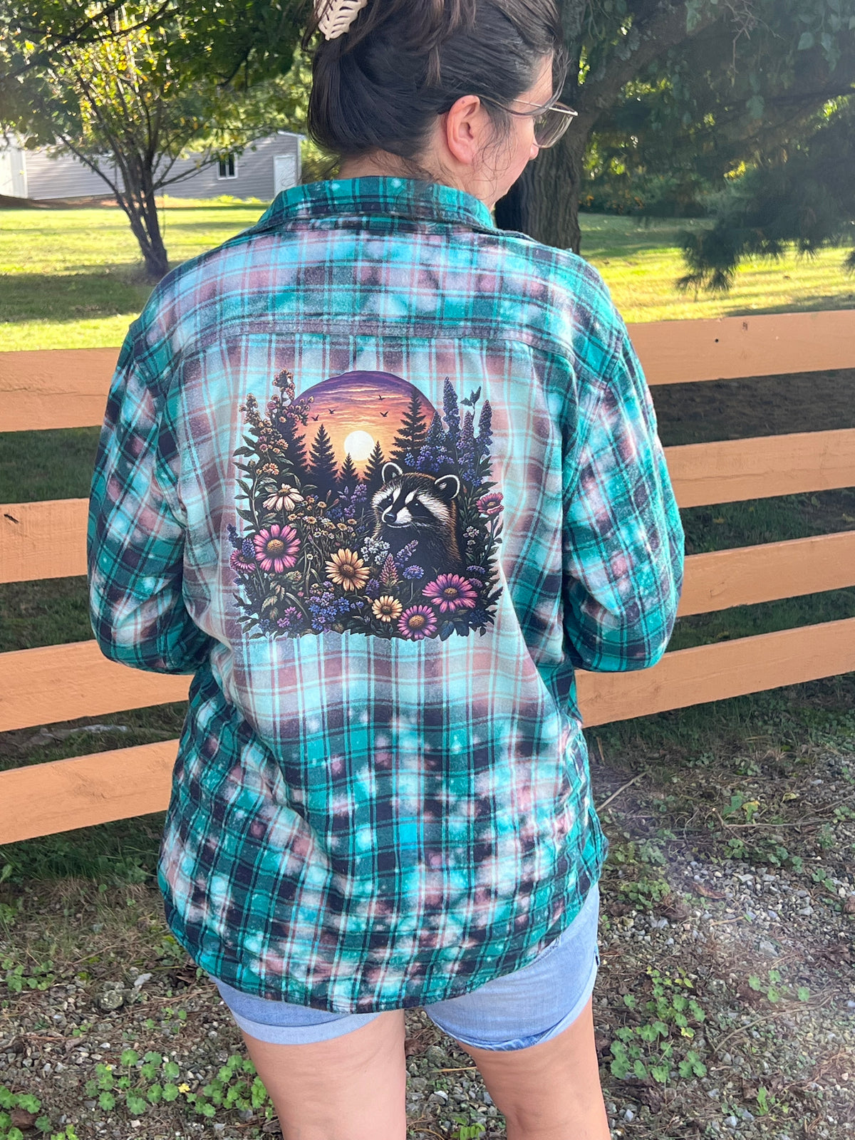 Upcycled Flannel - Sweet Raccoon Bleach Art - Men’s Large - Unisex Flannel