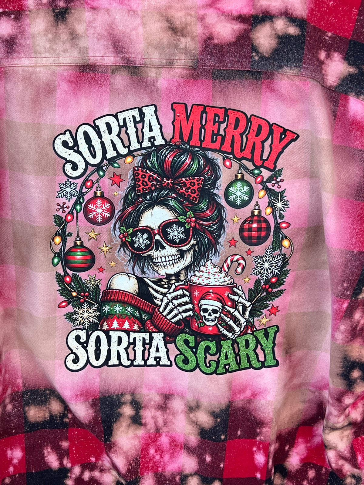 Sorta Merry Sorta Scary Upcycled Bleach Art Flannel - Mens XL TALL Unisex