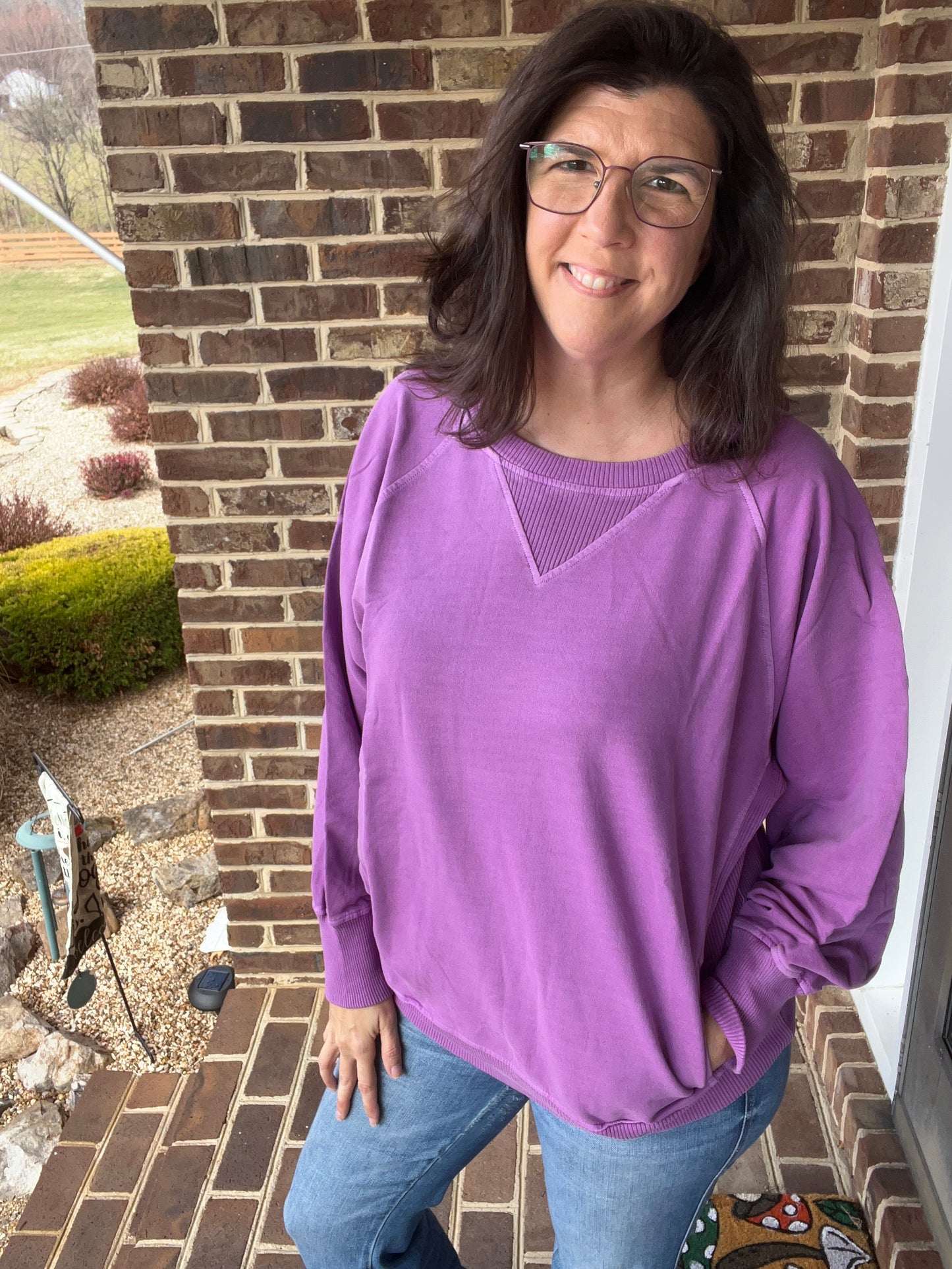 Zenana French Terry Light Plum Pigment Dyed Sweatshirt w/ POCKETS