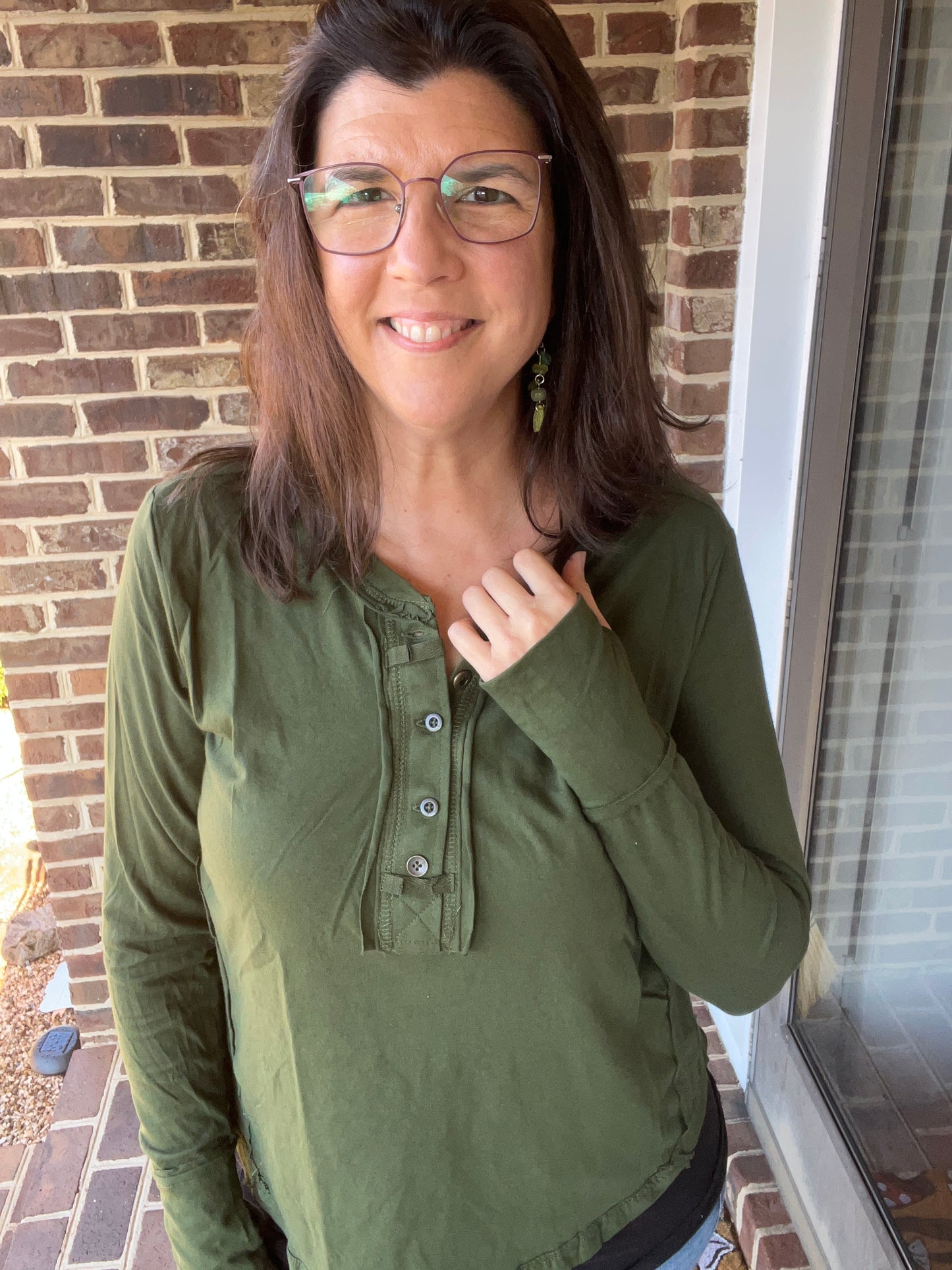 Zenana Cotton Army Green Henley w/ Thumb Holes