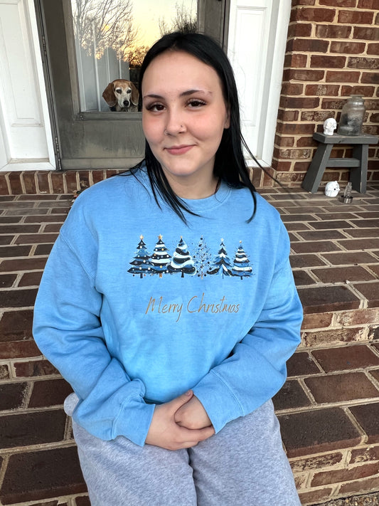 Christmas Sweatshirt- Hand Dyed - Merry Christmas w/ Blue Trees