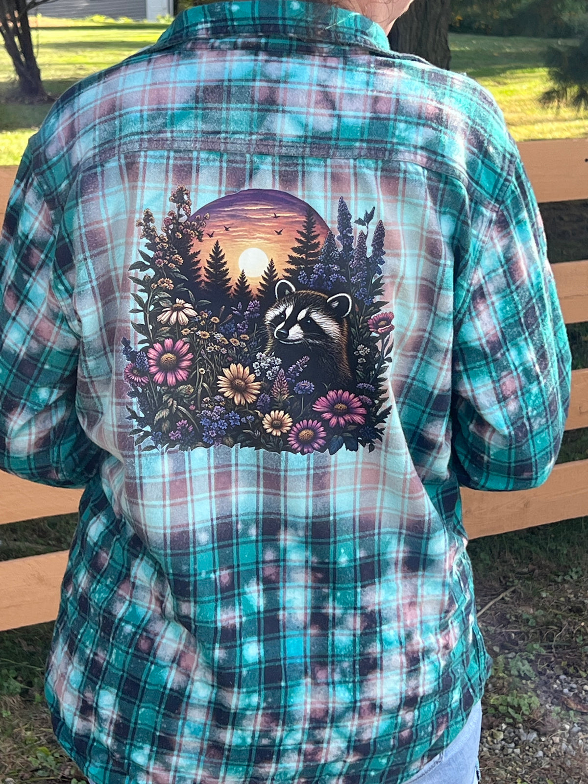 Upcycled Flannel - Sweet Raccoon Bleach Art - Men’s Large - Unisex Flannel