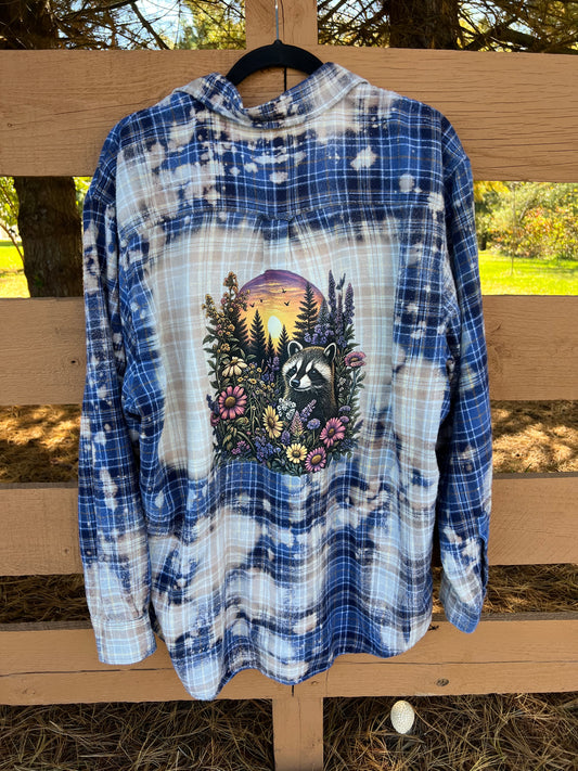 Upcycled Flannel - Sweet Raccoon Bleach Art - Men’s 2XL