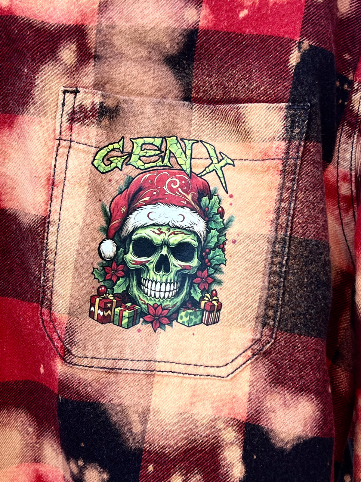 Upcycled Flannel -  Naughty List Santa Skull Bleach Art - Men’s Large