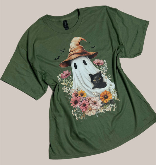Vintage Style Fall Floral Ghost & Black Cat T-Shirt