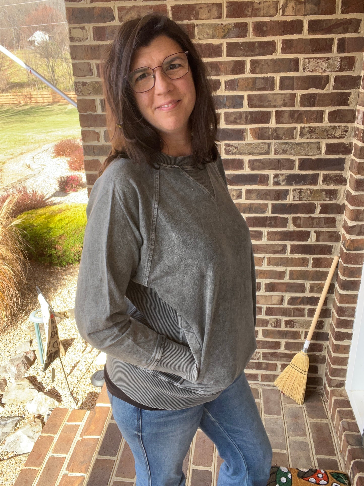 Zenana French Black/Grey Acid Wash Sweatshirt w/ POCKETS