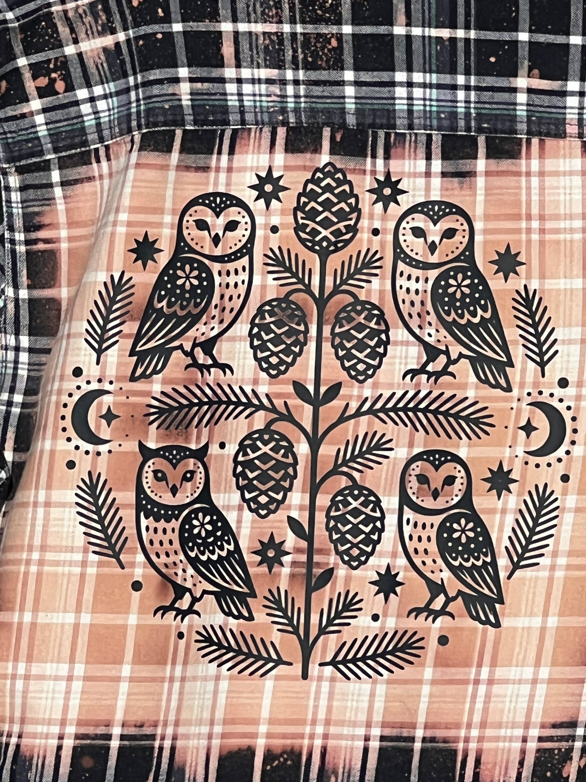 Whimsical Owls & Pine Cones Upcycled Flannel - Women’s 2XL