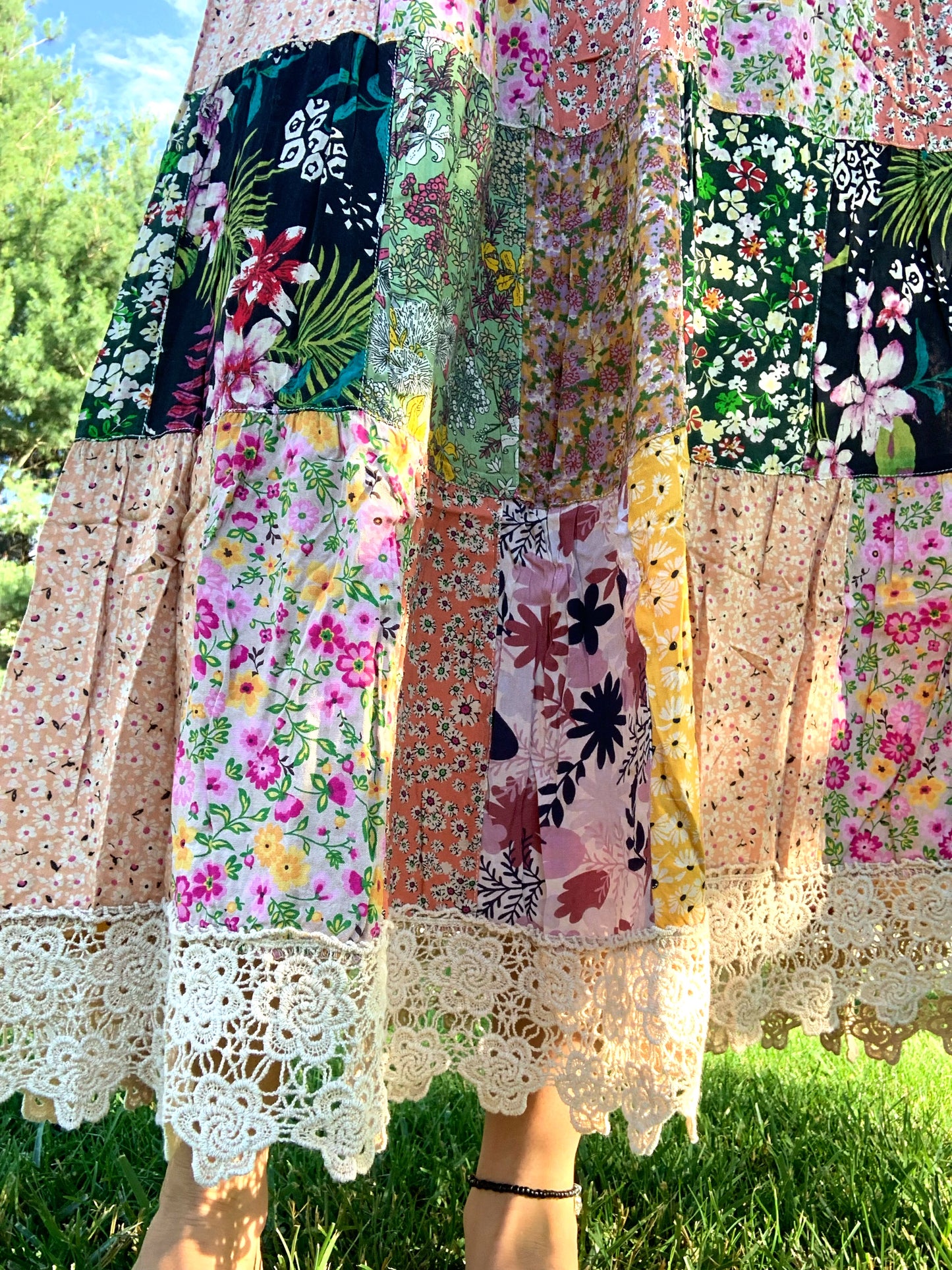 Patchwork Tiered Lace Trimmed Skirt w/ POCKETS