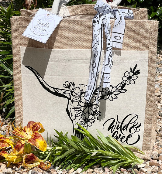 Wild & Free Floral Steer Handcrafted Jute & Canvas Tote Bag