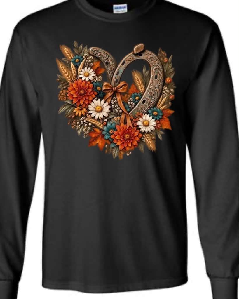 Fall Floral Heart HorseshoeBlack Long Sleeve T-Shirt