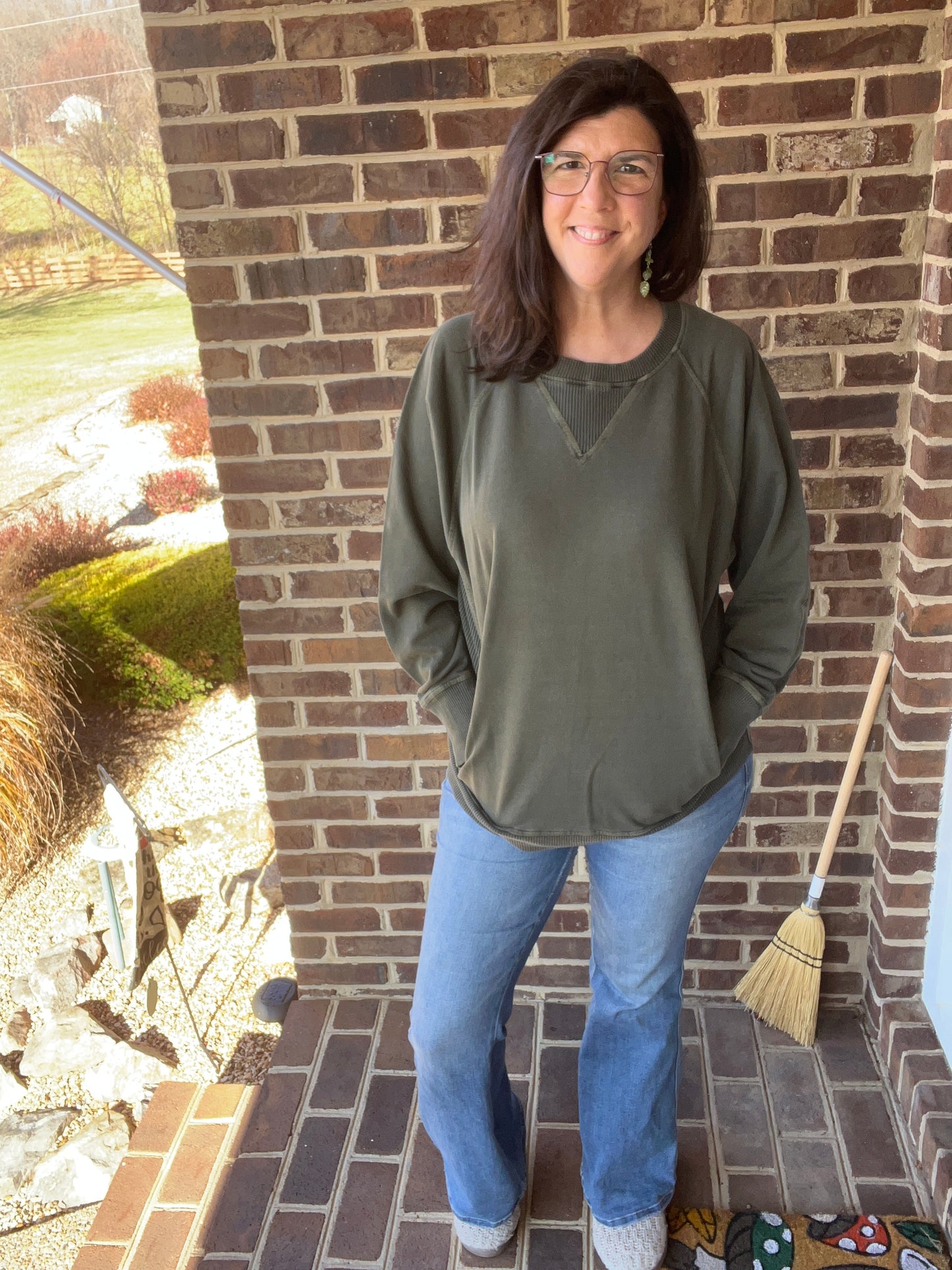 Zenana French Terry Olive Pigment Dyed Sweatshirt w/ POCKETS