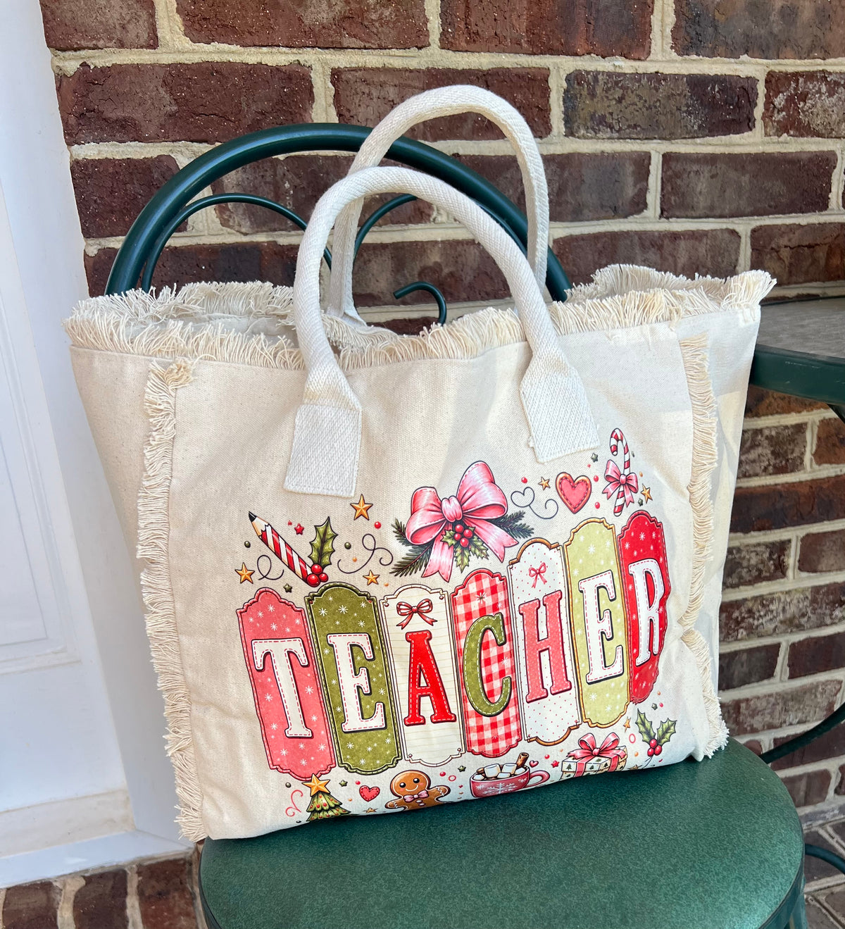 Holiday Fringe Canvas Teacher Tote Bag