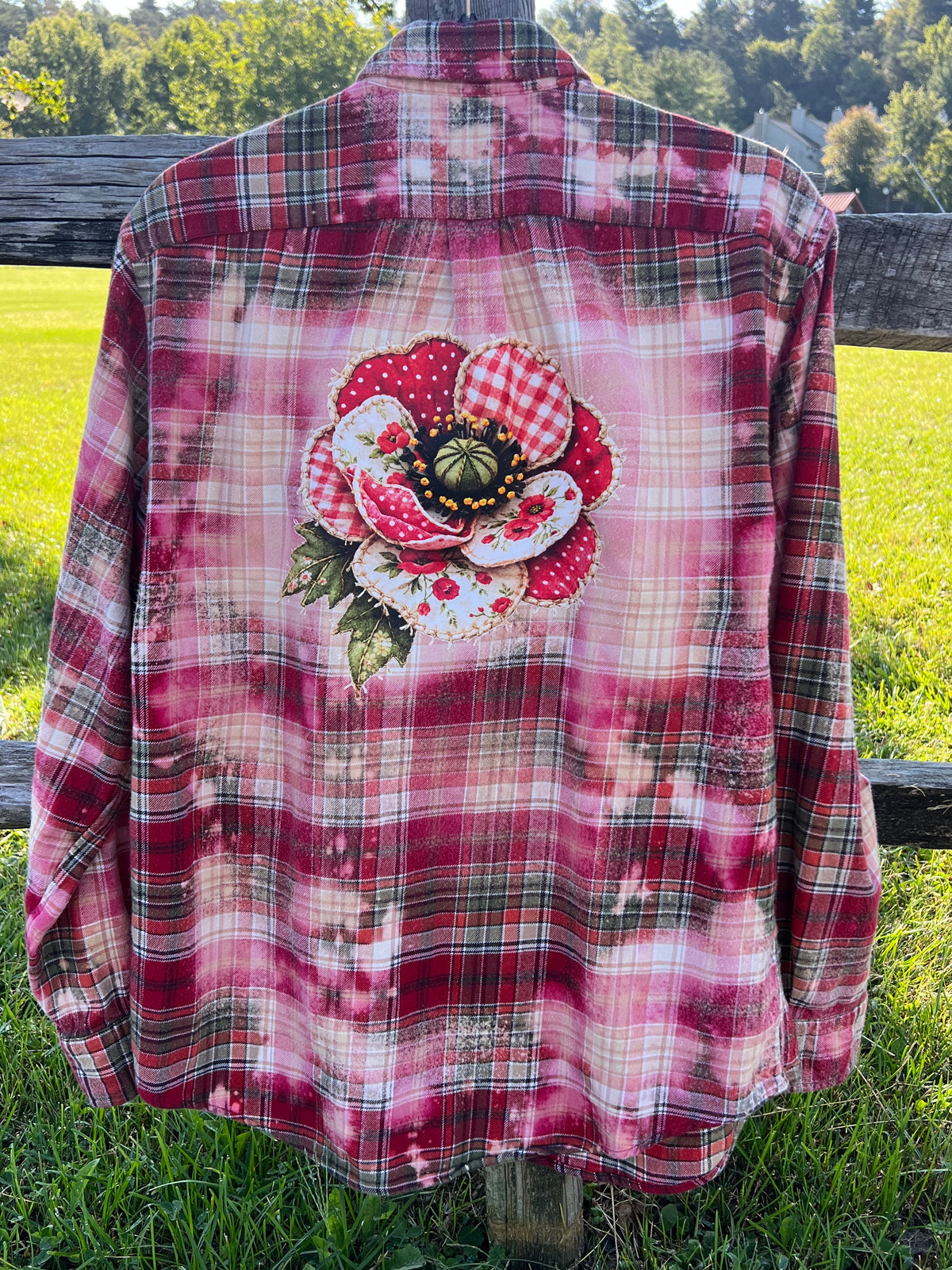 Upcycled Flannel -  Poppy Flower Bleach Art