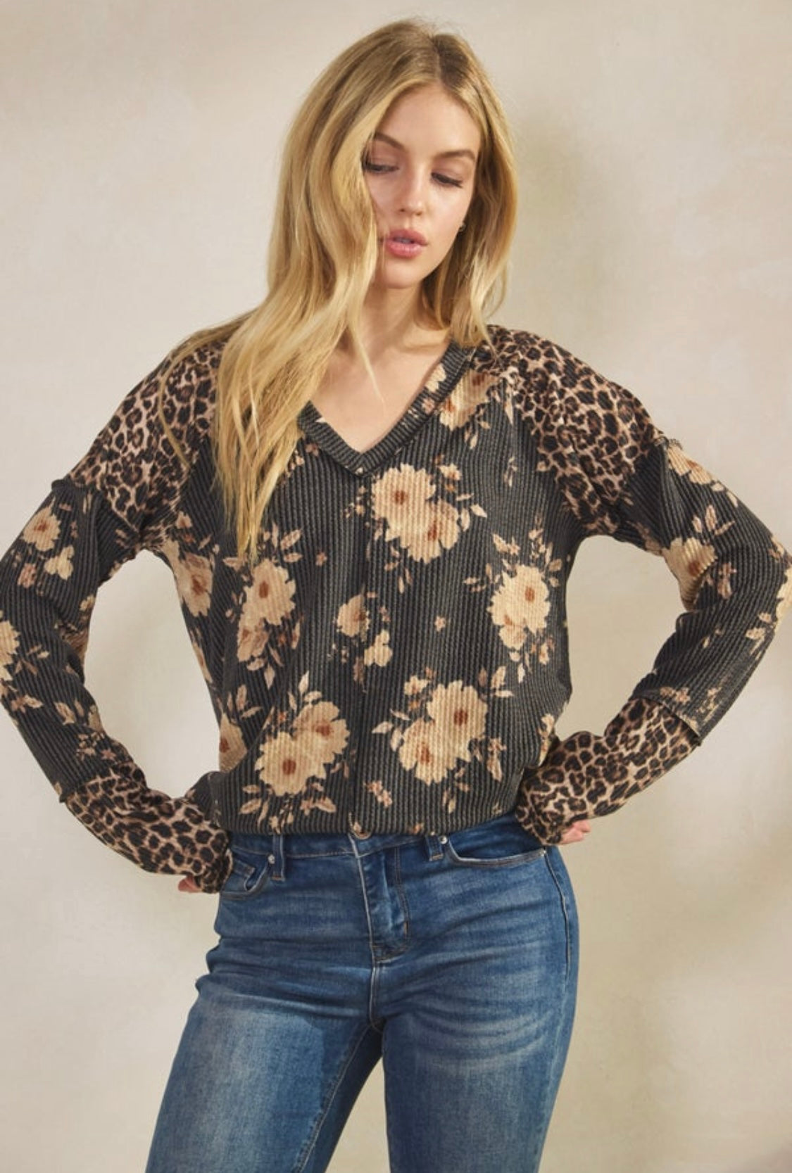 Urban Ribbed V-Neck Long Sleeve Top - Leopard Floral Print
