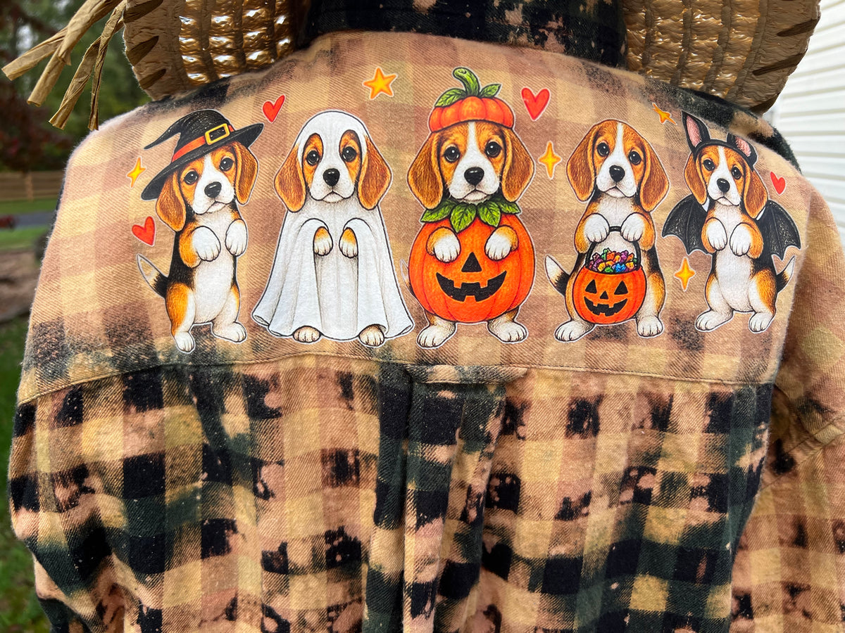 Beagle Lovers Trick or Treating Halloween Upcycled Bleach Art Flannel - Mens Large Unisex