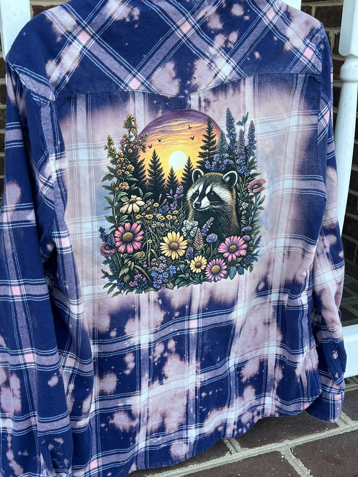 Raccoon Relaxing Sunset Wildflowers Upcycled Flannel - Women’s Medium