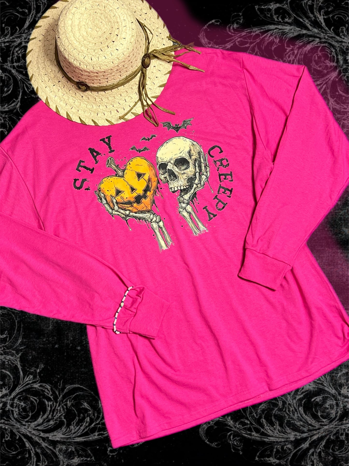 Stay Creepy Jack-O-Lantern & Skull Handmade Long Sleeve T-Shirt Pink